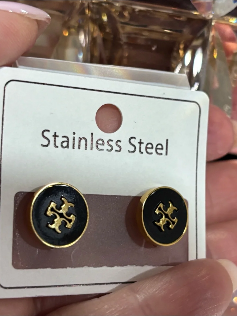 Tory Burch Black and Gold Round Logo Stud Cufflinks